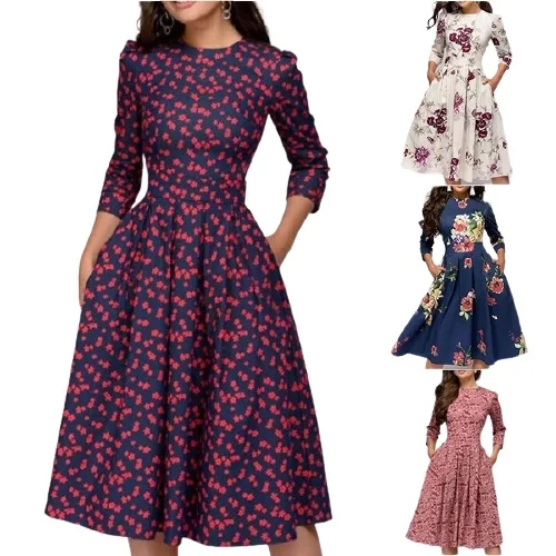 

Fashion Women A-line Dress Party Retro Floral Seven Quarter Sleeves Round Neck Dress, As picture