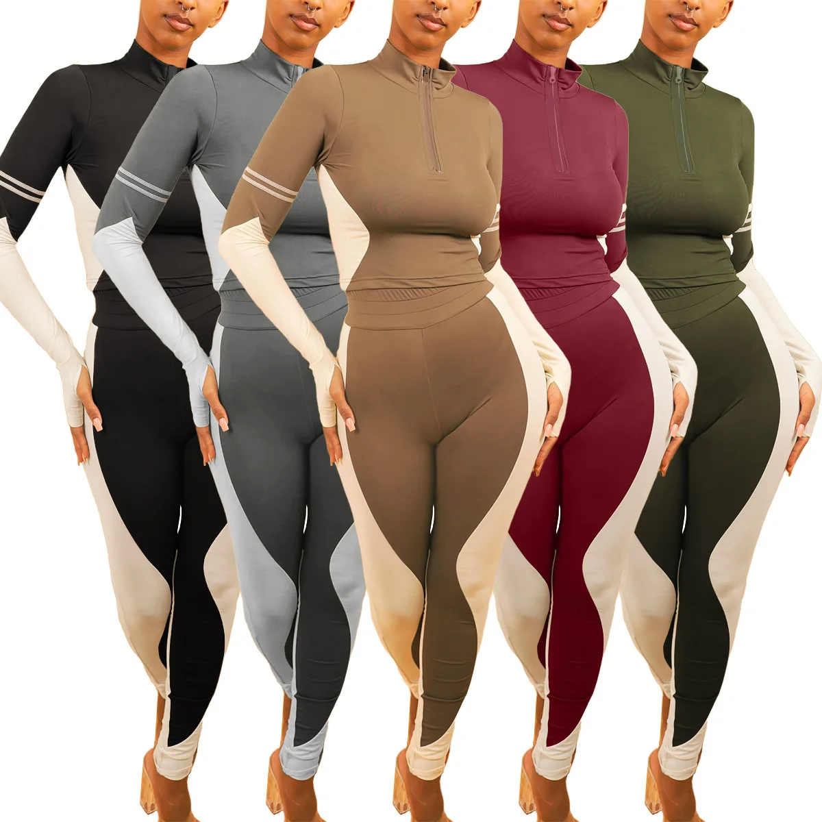 

2021 Fashion Sexy Bodycon Skinny Yoga Gym Rompers Patchwork Zip Up Stand Neck Sports Two Piece Set Casual Tracksuits for Women