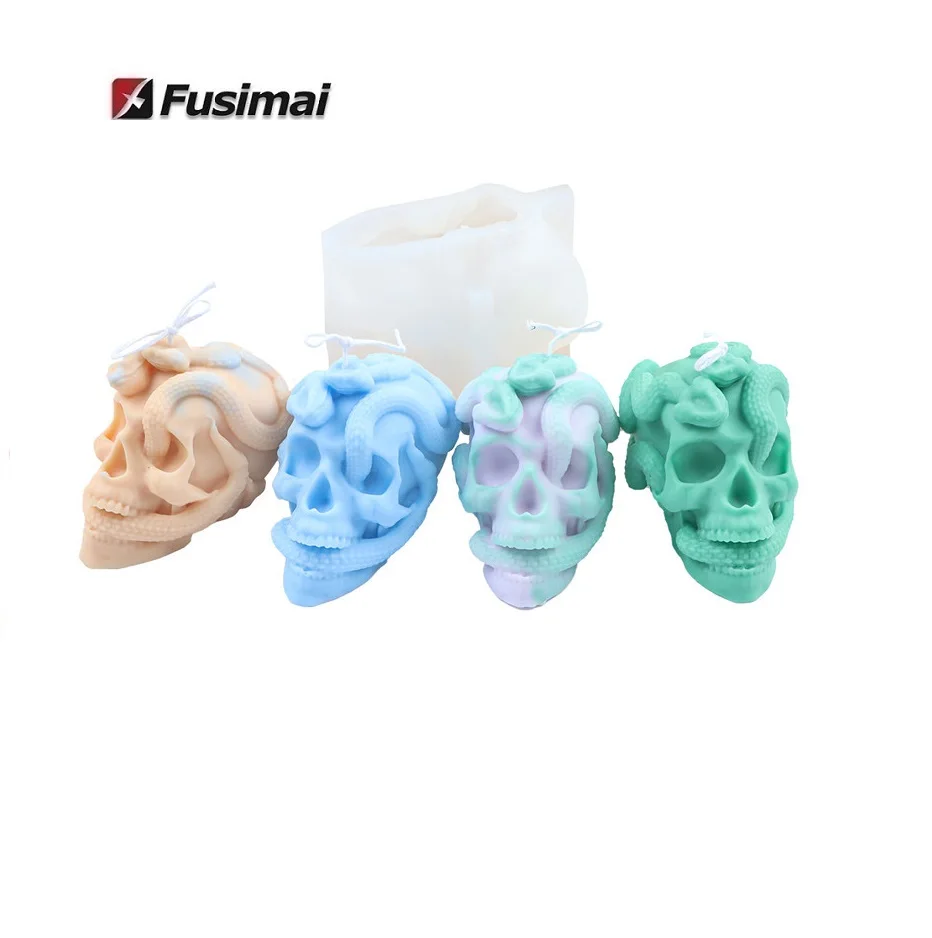 

Fusimai Halloween Cross Skulls Cylindrical Column Candle Mould 3D Snake Winding Shape Skulls Silicone Candle Molds, Customized color