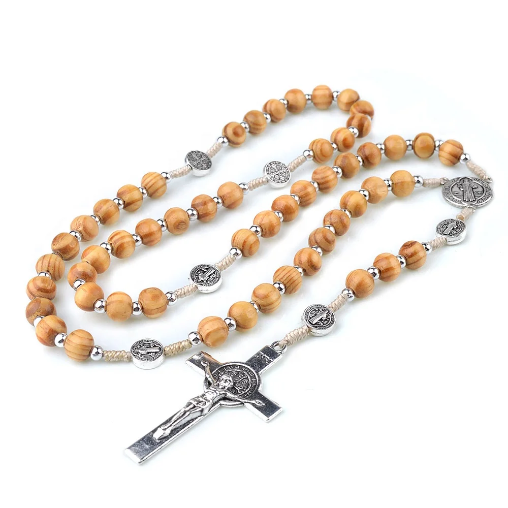 

St Benedict Religious Rosary 7x8mm Wood Beads Cross Necklace Catholic Rosaries