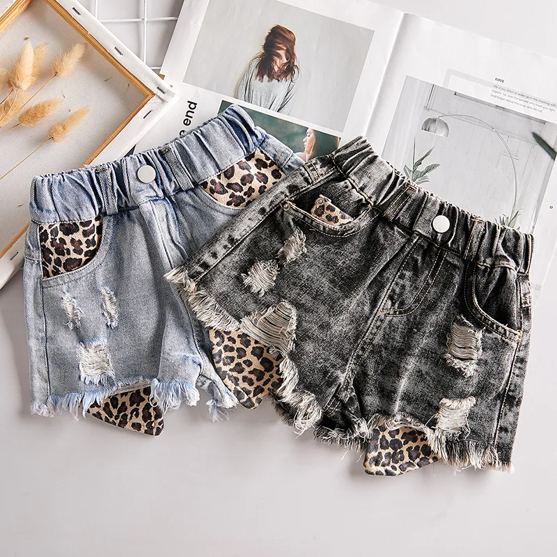 

Girls Shorts Summer patchwork Leopard Baby Girls Denim Shorts Casual Jeans Holes Jean For Girls Pants Children Shorts, As picture