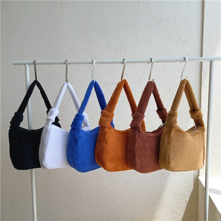 

Wholesale winter new women's fashion popular single shoulder bag simple solid color soft handbag candy color fluffy armpit bag