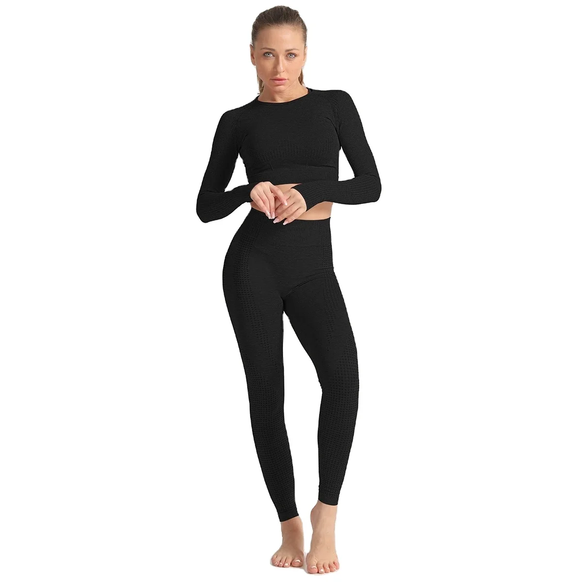

DJ003 new workout gym clothing women seamless long sleeves 3 piece yoga set