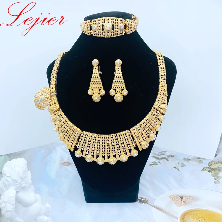 

LEJIER charming 18 k gold plated luxury four wedding ring necklace bracelet earrings popular engagement party jewelry set