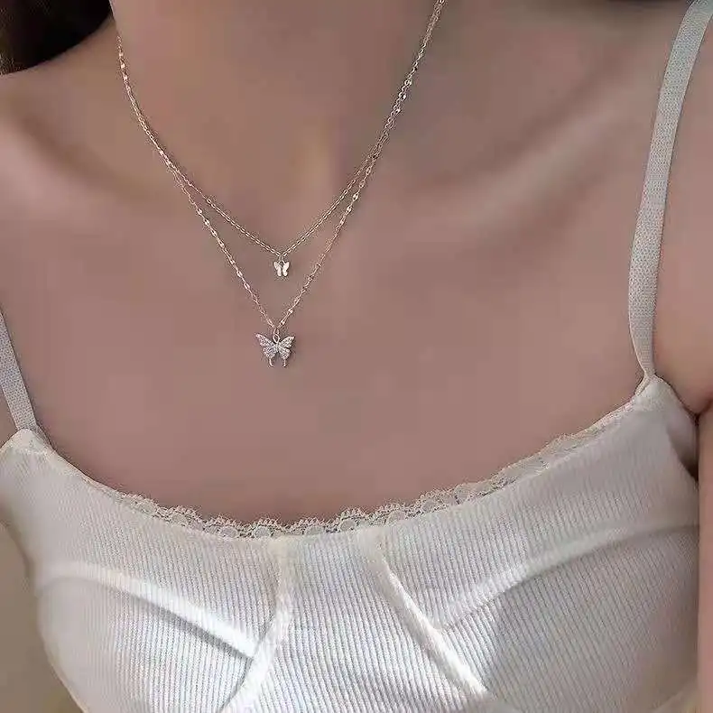 

Diamond Butterfly Double Necklace Women's Natural Geometry Single Body Necklace online celebrity ins Simple clavicle Chain.