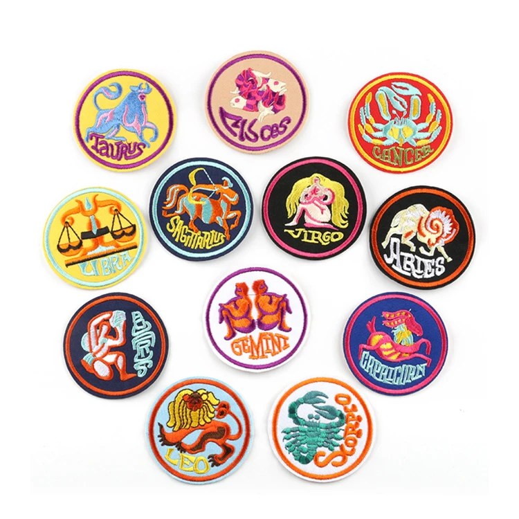 

good quality zodiac signs twelve constellation design twill fabric round embroidered badges patches