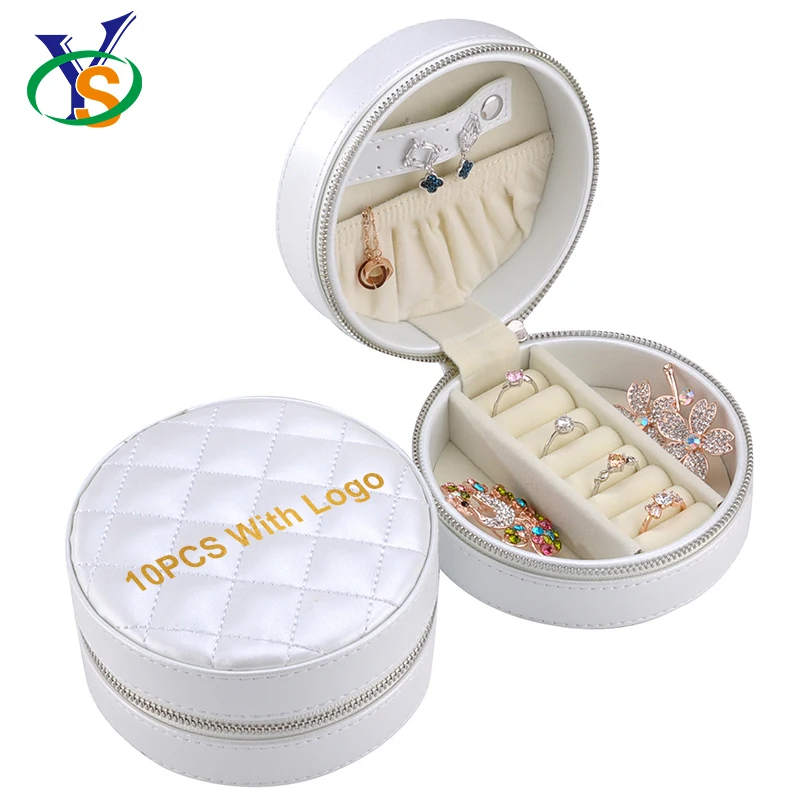 

Luxury custom beautiful silver round pu leather zipper jewelry box letter logo with stitching, White