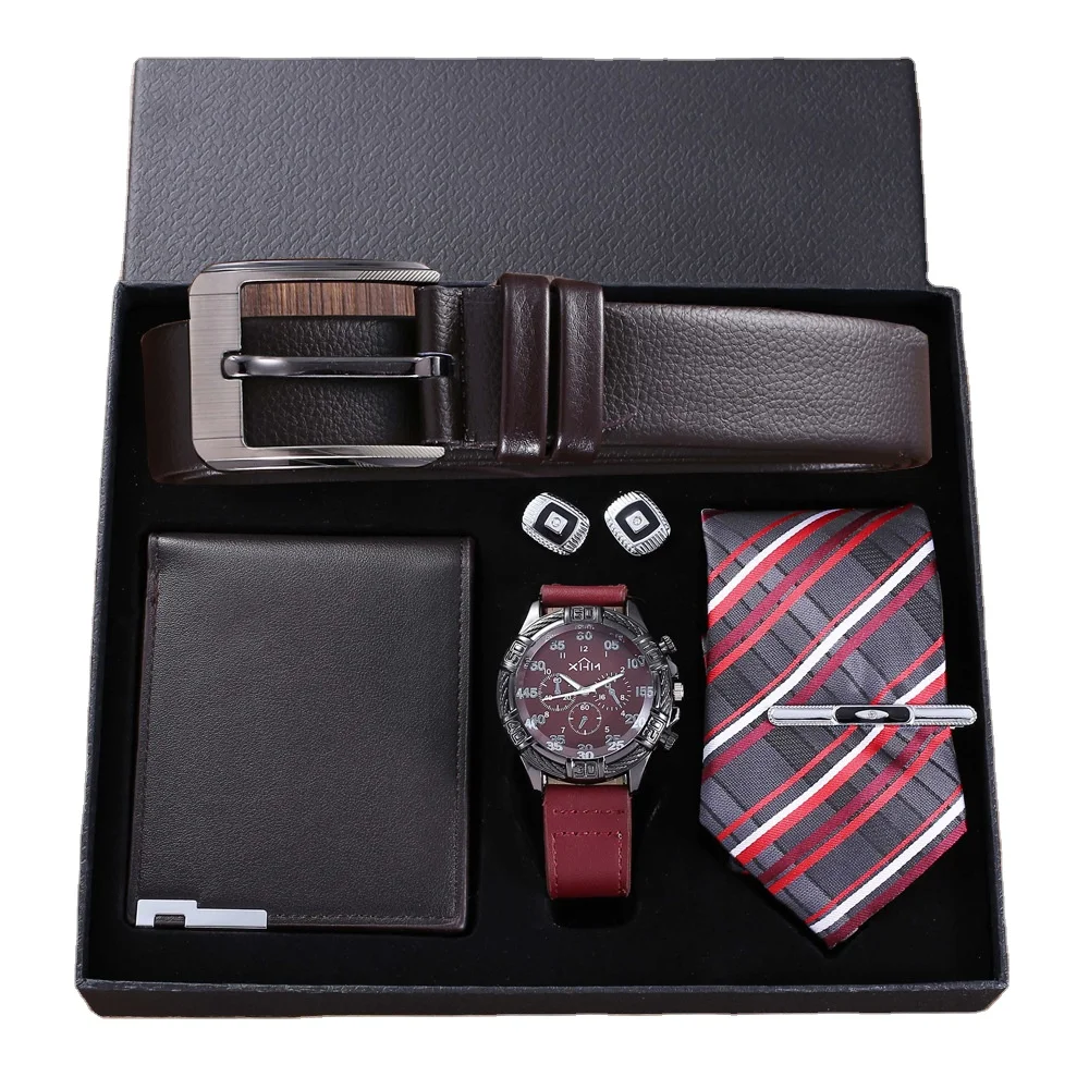 

Luxury Top brand men's watch set 5pcs/set high quality leather belt tie wallet jewelry watch gift set for boyfriend husband dad, 4 colors