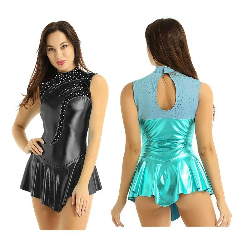 

Women Adults High Neck Sleeveless Skating Ballet Dance Gymnastics Shiny Metallic Leotard Dress