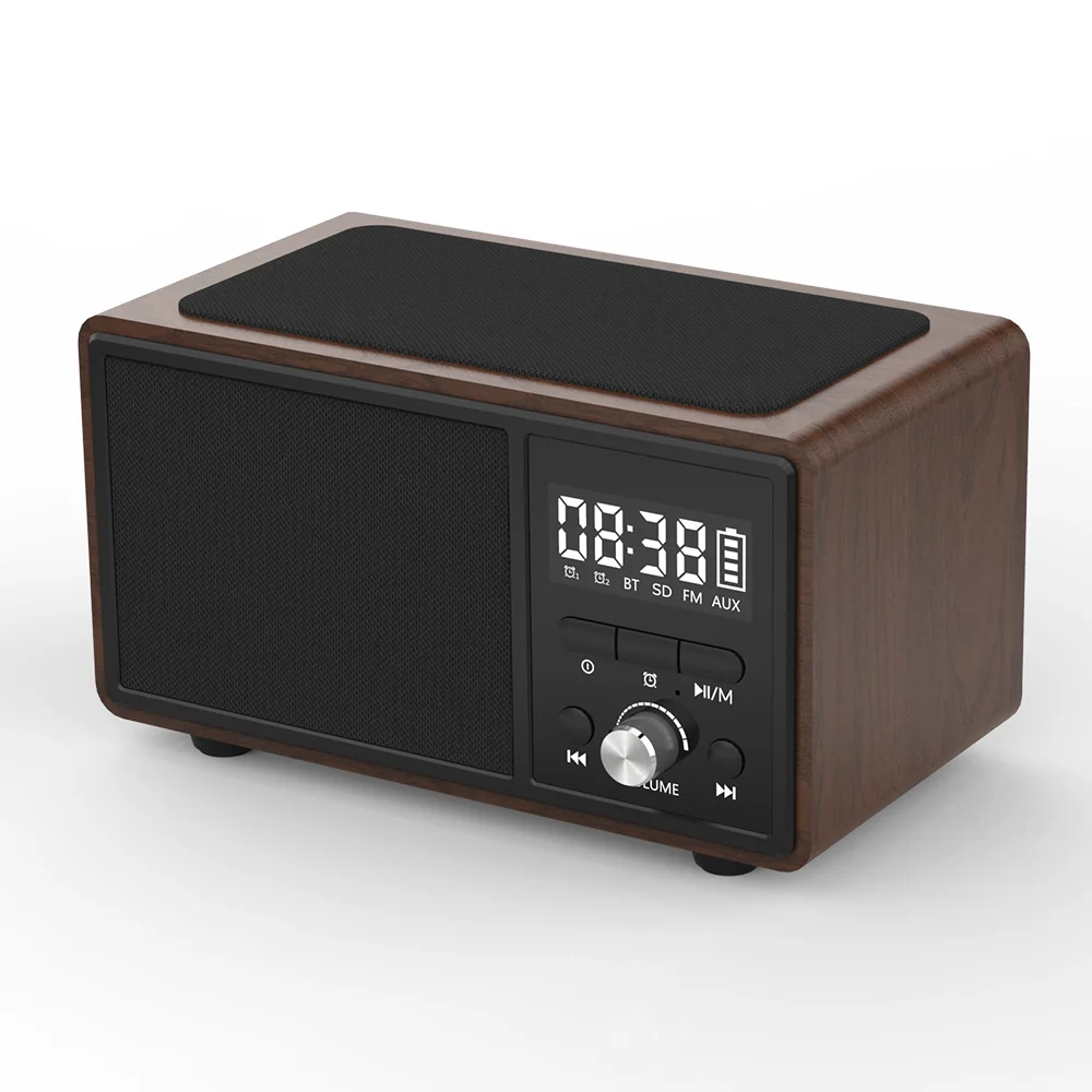 

Retro BT Speaker with Alarm Clock bocina BT Portable Wireless Speaker with Qi Wireless Charging, FM radio, SD Card