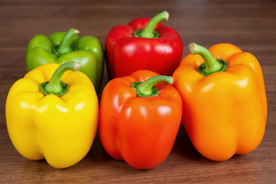 Bell peppers in various colors including green, red, yellow, and orange arranged on a wooden table