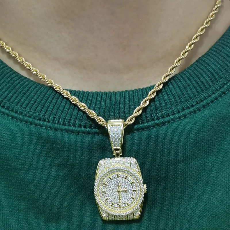 

Iced out CZ Cubic Zirconium full paved newest fashion bling Watch style pendant necklace Dial watch Pendant necklace hip hop