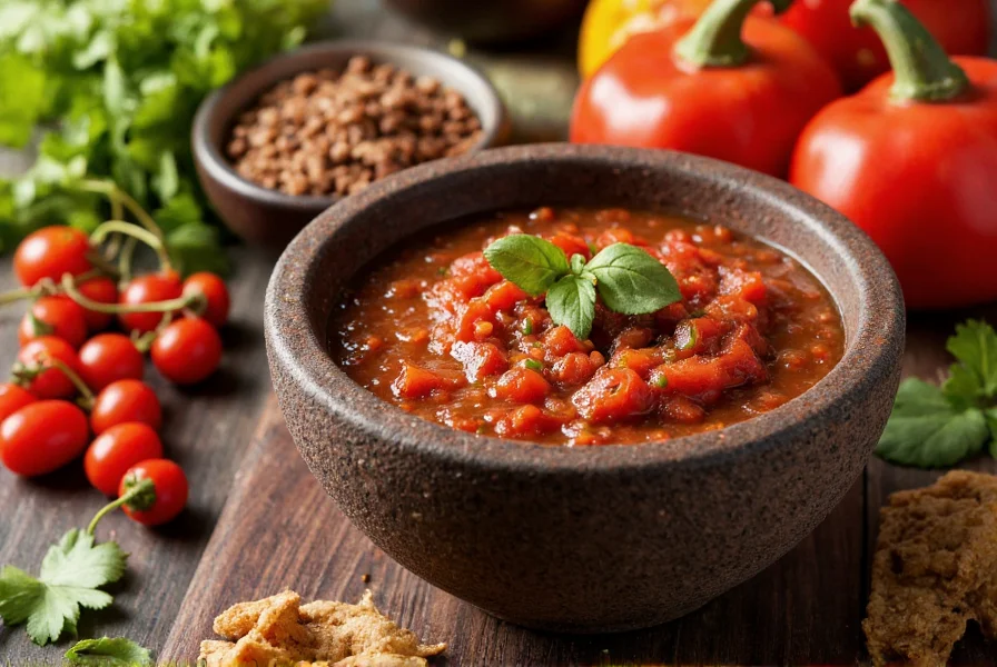Traditional molcajete with freshly prepared desert pepper salsa surrounded by regional ingredients