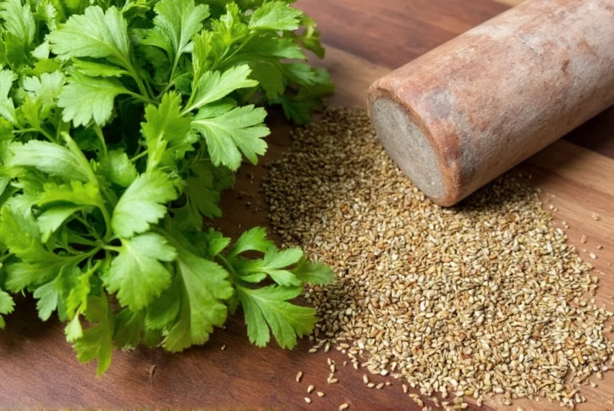 Traditional mortar and pestle with fresh cilantro leaves on one side and ground coriander seeds on the other showing preparation methods