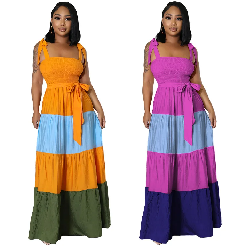 

C0306TA67 New Arrival Sleeveless Bandage Color Block Maxi Dress With Belt Sehe Fashion