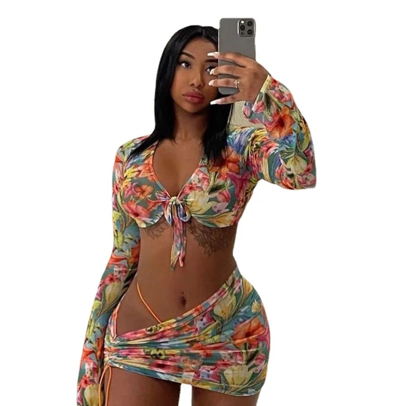 

Summer Hottest Style New Printed Navel Long Sleeve Irregular Drawstring Miniskirt Set