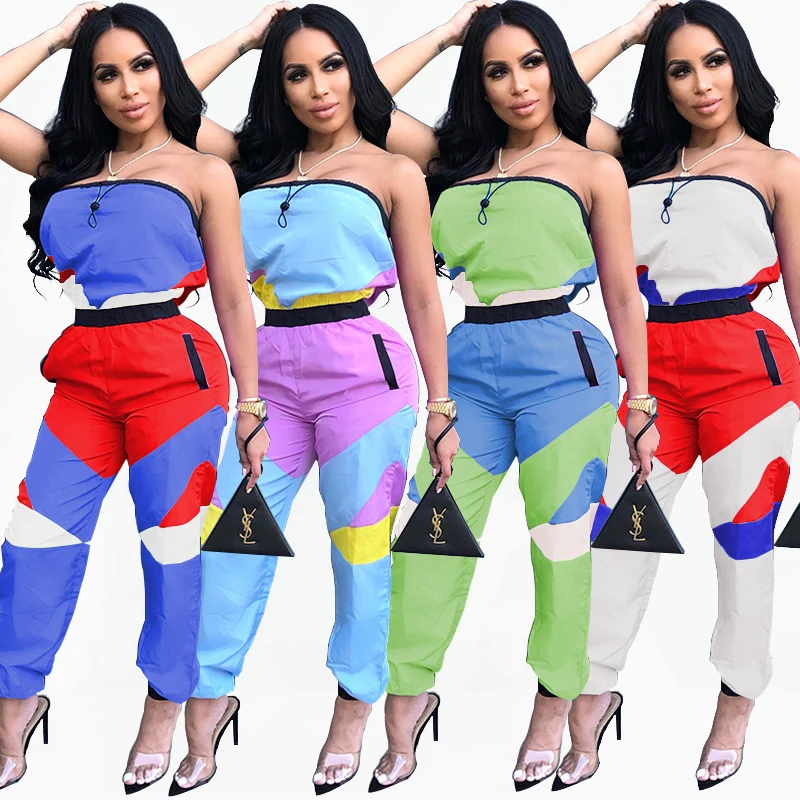 

2021 New arrival Jumpsuits Sleeveless Strapless Splicing Color contrast Four colors sexy fashion trousers Leggings club popular