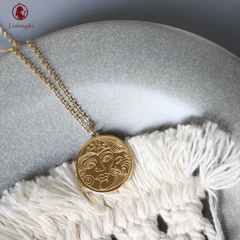 

Long 18K Gold Plated Embossed Image Sweater Chain Necklace Exquisite Stainless Steel Abstract Portrait Face Pendant Necklace