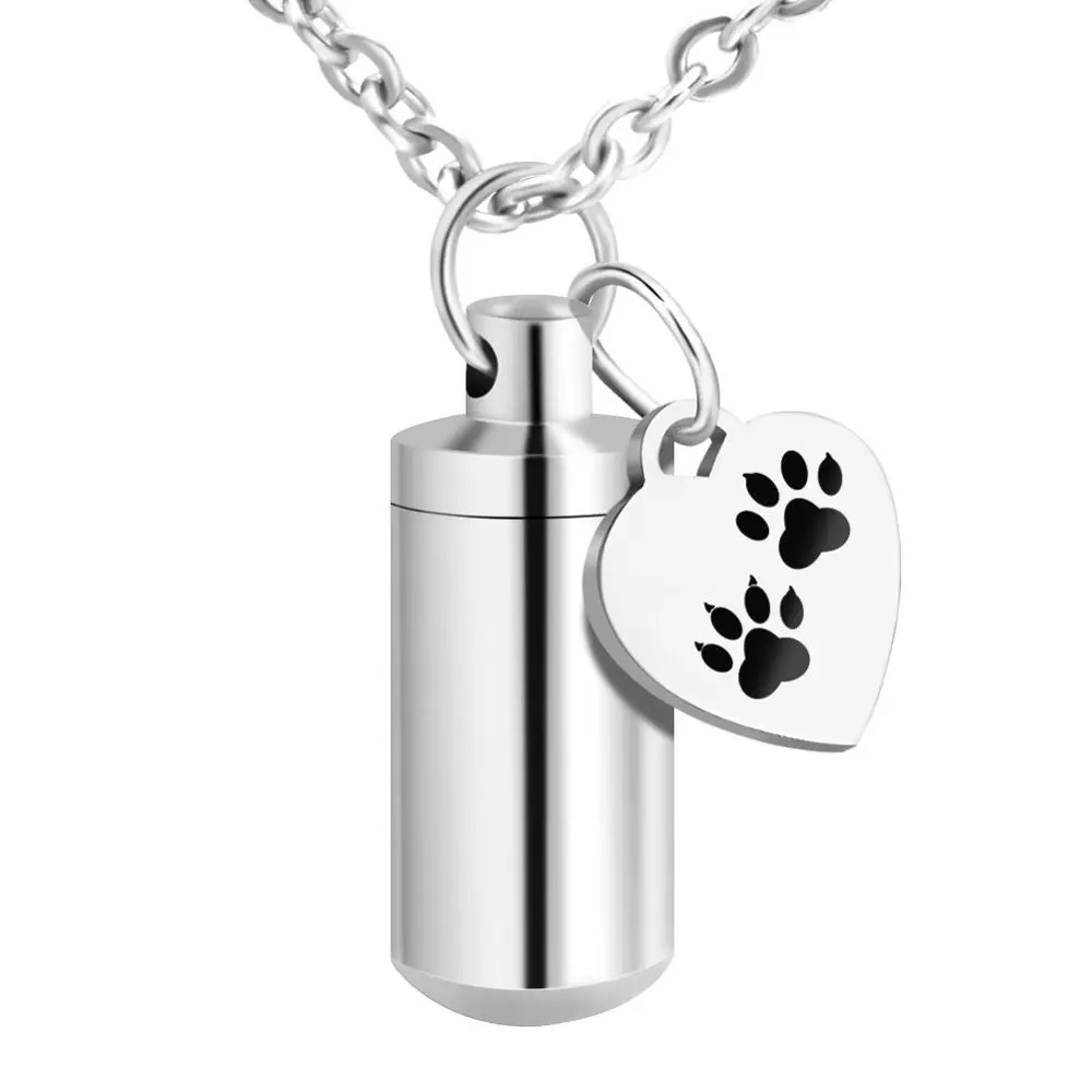 

Stainless Steel Silver Cylinder Paw Print Pet Urn Necklace Cremation Jewelry