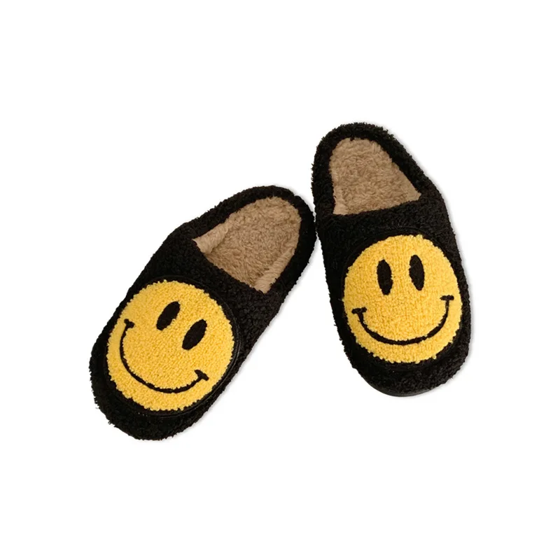 

Wholesale winter warm cute smile face large size ladies indoor flat warm house slippers for women, White, yellow, black