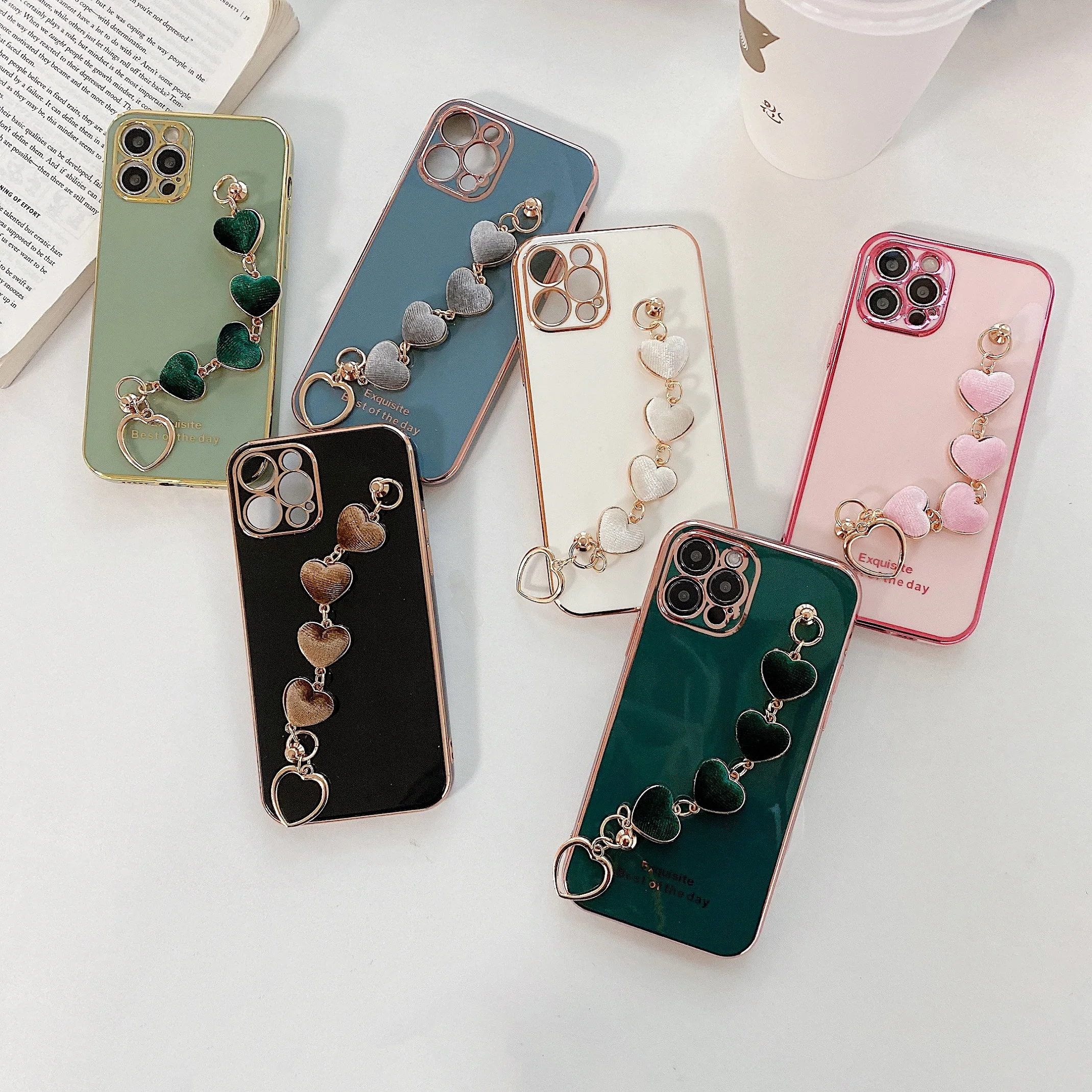 

Luxury Girly Glossy Warm Phone Case with Love Heart Shape Metal Chain Strap for iPhone 11 12 13 Pro Max for HUAWEI for Samsun, Multiple colors