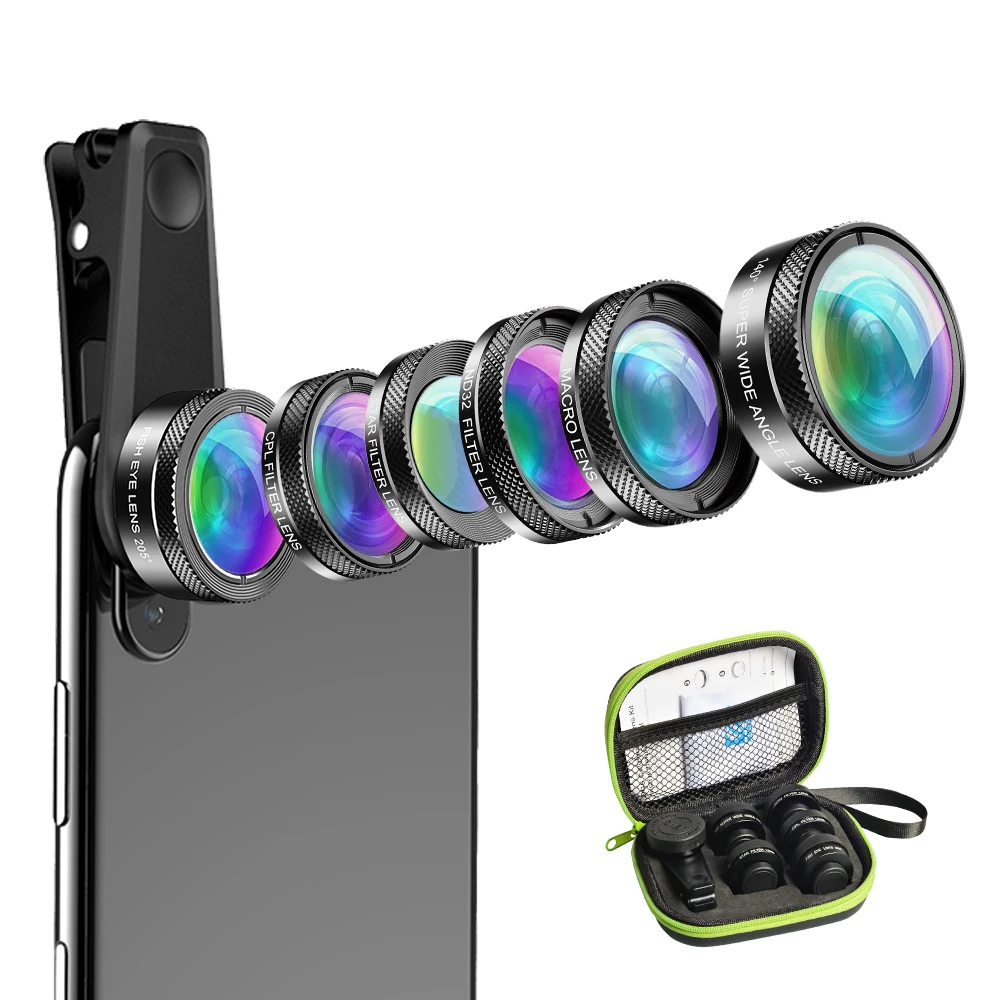 Apexel 6 in 1 Fish Eye-Macro-Wide Angle-Zoom-Filter Smartphone Telephoto Lenses