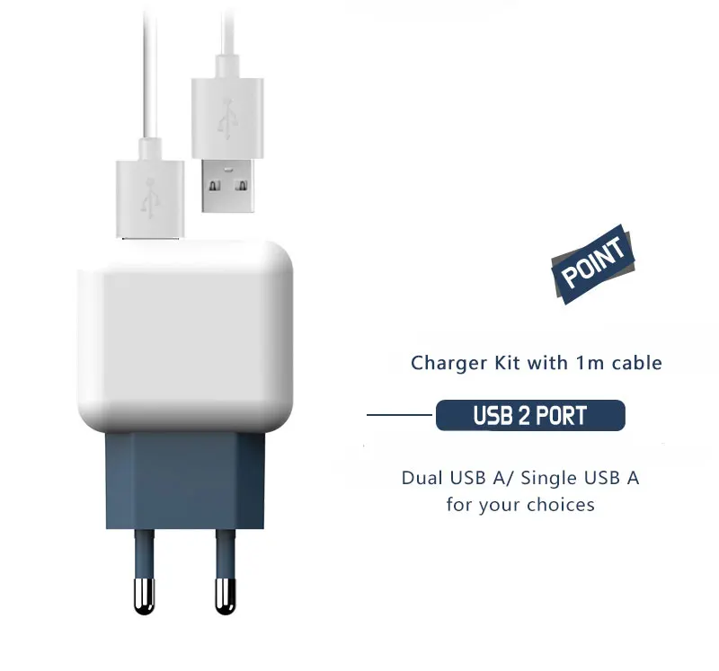 

customize logo private mould Europe CE RoHS Erp dual 5V 2.1A 2 in 1 smart phone accessories usb wall charger with 1M cable, White/black etc.