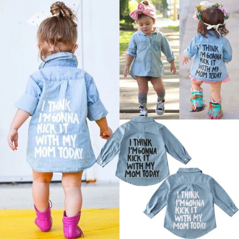 

Baby Girl Shirts Tops Clothes Denim Letter Print Long Sleeve Tops Shirt Warm Coat Shirt