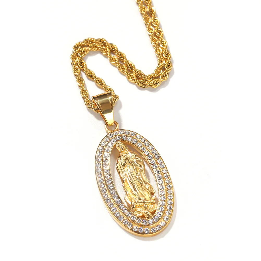 

Vintage Hips Hop Stainless Steel Gold Cuban Chain Mary Pendant Necklace Crystal CZ Virgin Mary Necklace for Christian Jewelry