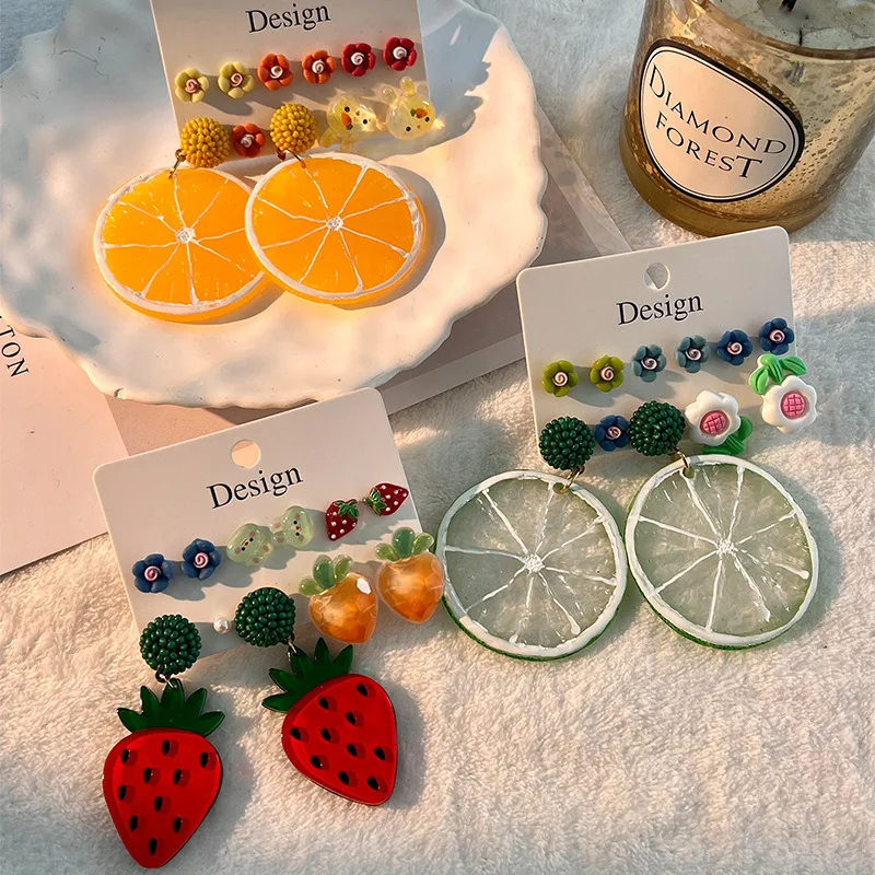 

Personalized Exaggerated Lemon Strawberry Fruit Earrings Set Cute Acrylic Drop Earrings for Women Girls