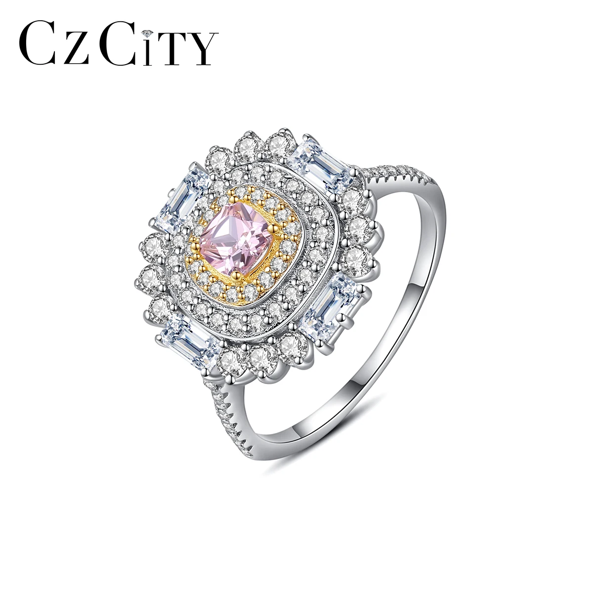 

CZCITY Lady Girl Chunky Custom New Modern Fashion Jewelry Women Pink Diamond Zircon Sterling Silver Ring