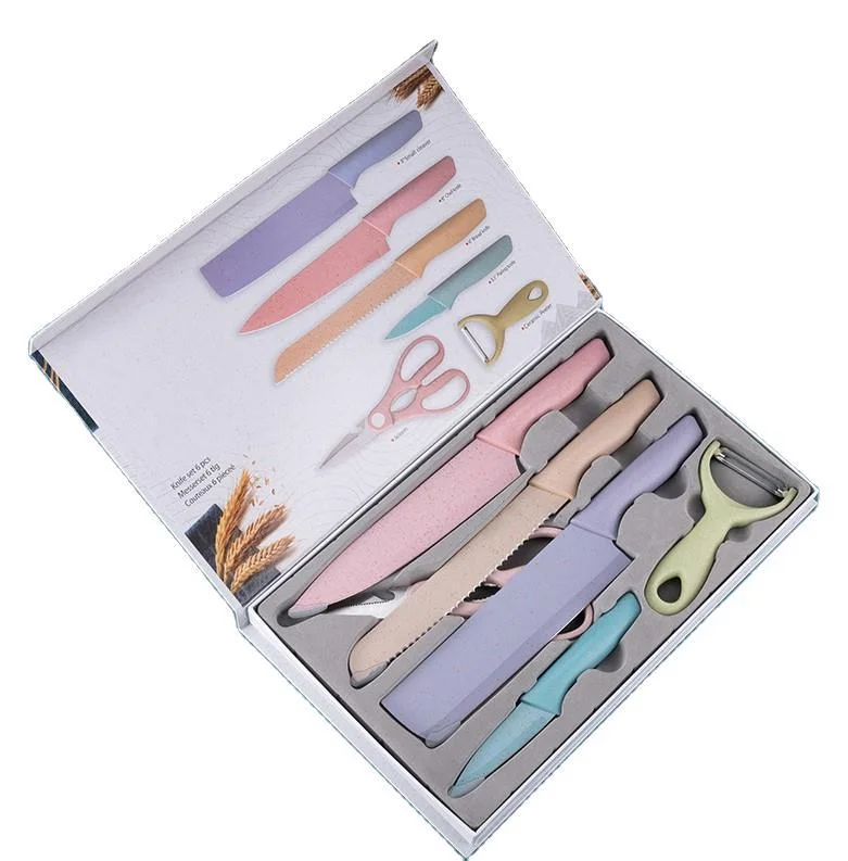 

Amazon Hot Selling Kitchen Supplies Stainless Steel Wheat Straw Kitchen Knife Set Scissors Fruit Knife Bread Knife 7 Piece Set