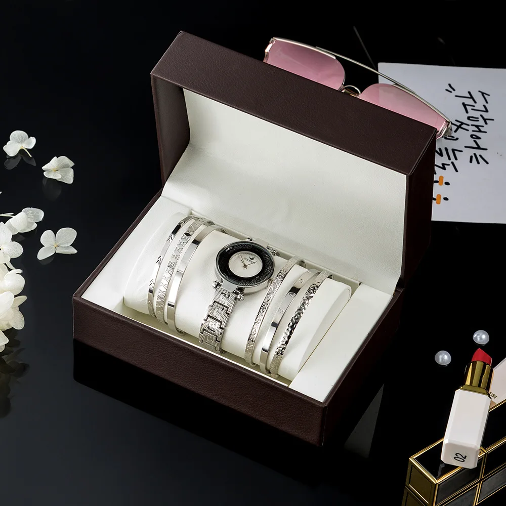 

Wholesale gift box packaging leather strap 5pcs bracelet sets ring earrings necklace watch jewelry, As pic