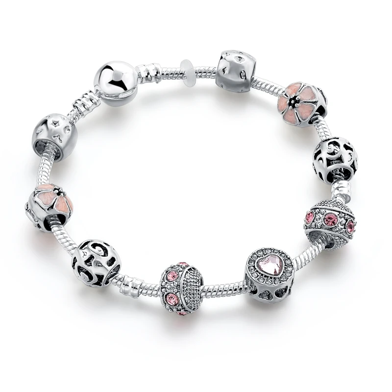 

Fashion pink cherry blossom bracelet lady's alloy diamond heart catel DIY beaded bracelet, Same as pictures