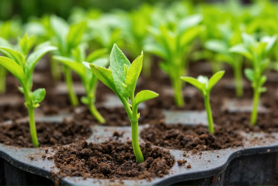 Close-up of pepper seedlings emerging from soil in seed trays with proper spacing