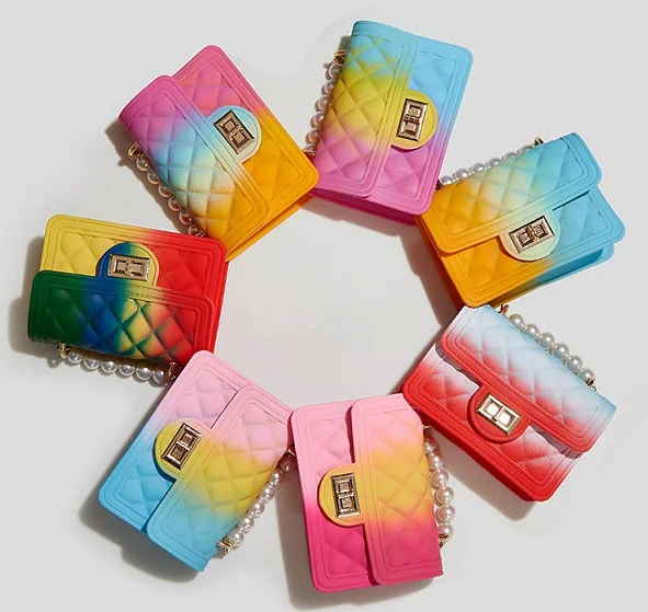 

2021 New Girls Mini Jelly Purse Spray Color Gradient Candy Color Rhombus Chain Crossbody Messenger Handbag Women Pearl Handbag, Picture
