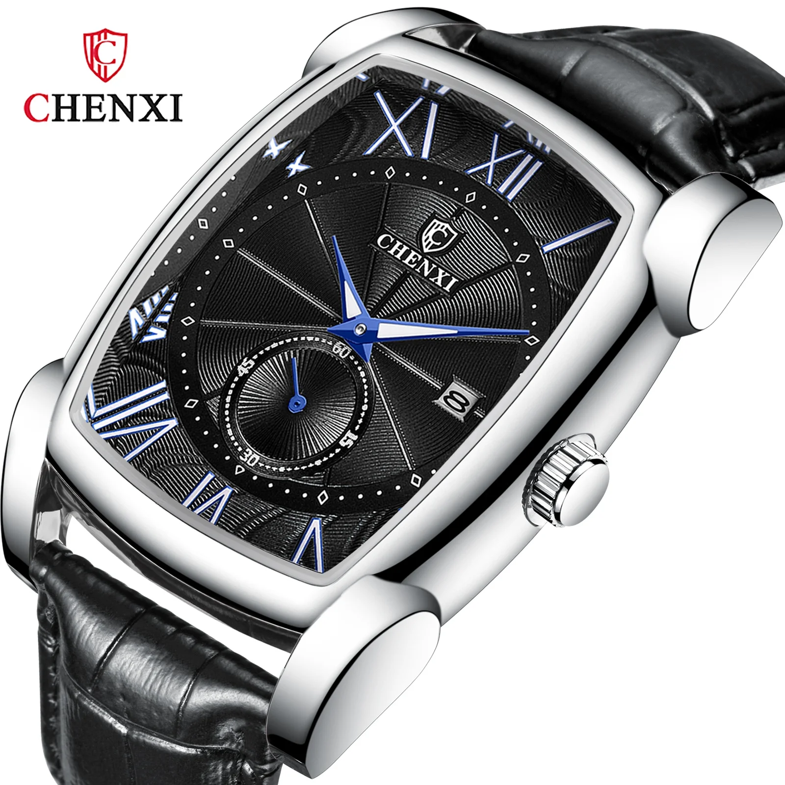 

Fashion Mens Square Watches Silver Black Blue Calendar Surface Leather Strap Waterproof Barrel Type Quartz Watch Men Luxury, Mix