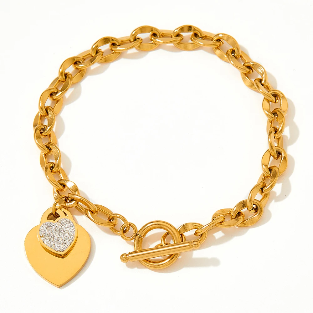 

18k Gold Plating Stainless Steel Chain Link Ot Clasp Heart Bracelet Zircon Heart Charm Bracelet