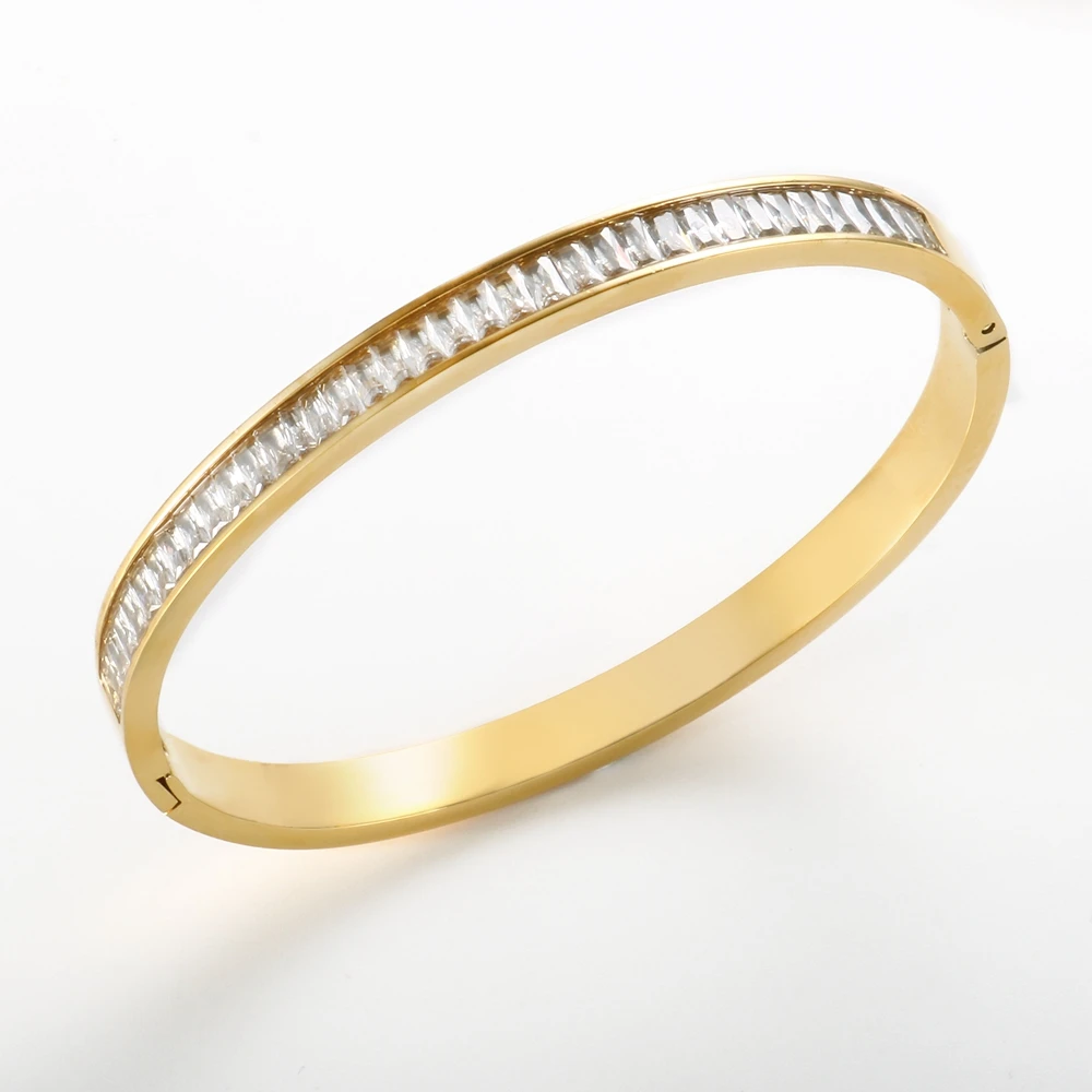 2022 New Stackable Design 18K Gold Plated Stainless Steel 5A Square Stone Men Women Bangle Bracelet Fashion Jewelry