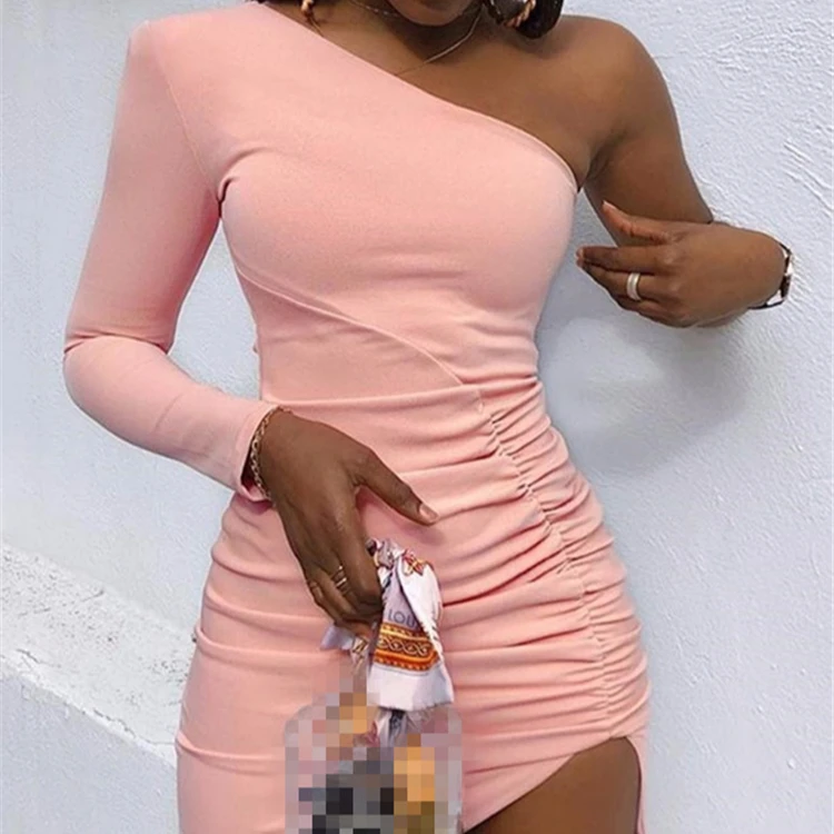 

Wholesale Handmade Clothing 2019 Lady Pink One Shoulder Party Dress