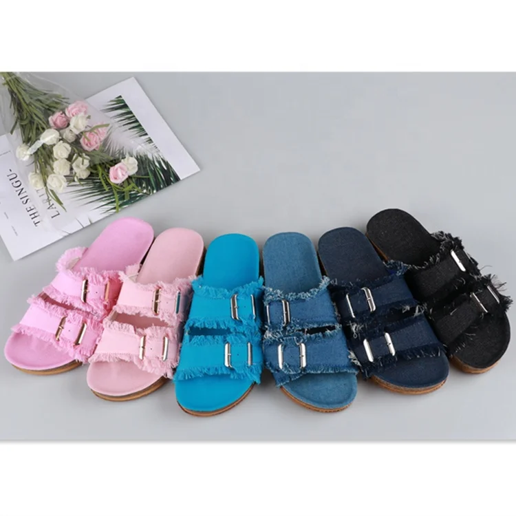 

2021 ladies slippers and sandals with cork sole of cheap price denim cloth anti-skid durable shoes, Customized color