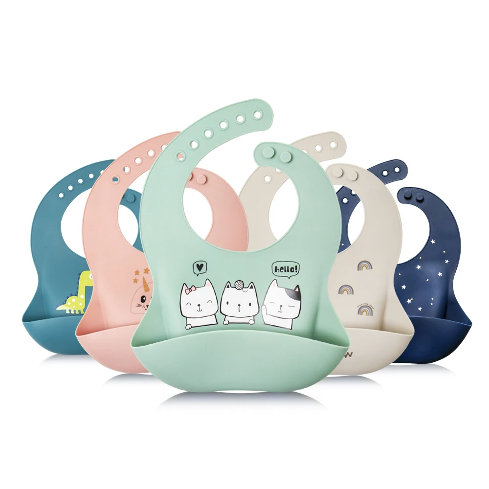

Customizable Waterproof Soft Adjustable Toddler Feeding Bib Easily Clean Cute Silicone Baby Bibs for Babies Girl and Boy, Any color is availavle
