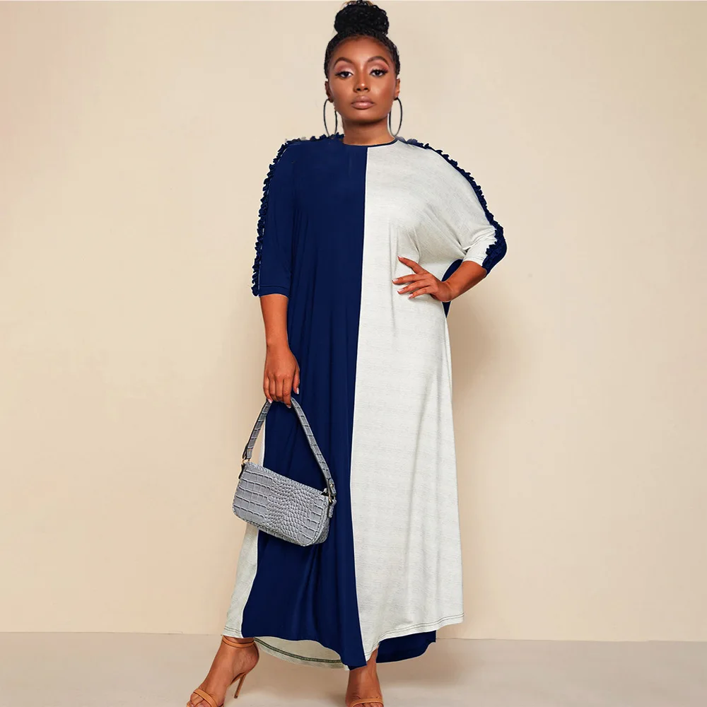 

Customized LOGO 2021 new black and white stitching short-sleeved plus size fashion hedging long dress AQ19044