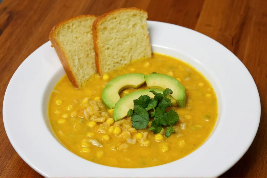 Poblano pepper corn chowder served in white bowl with cornbread, avocado slices, and cilantro garnish on wooden table