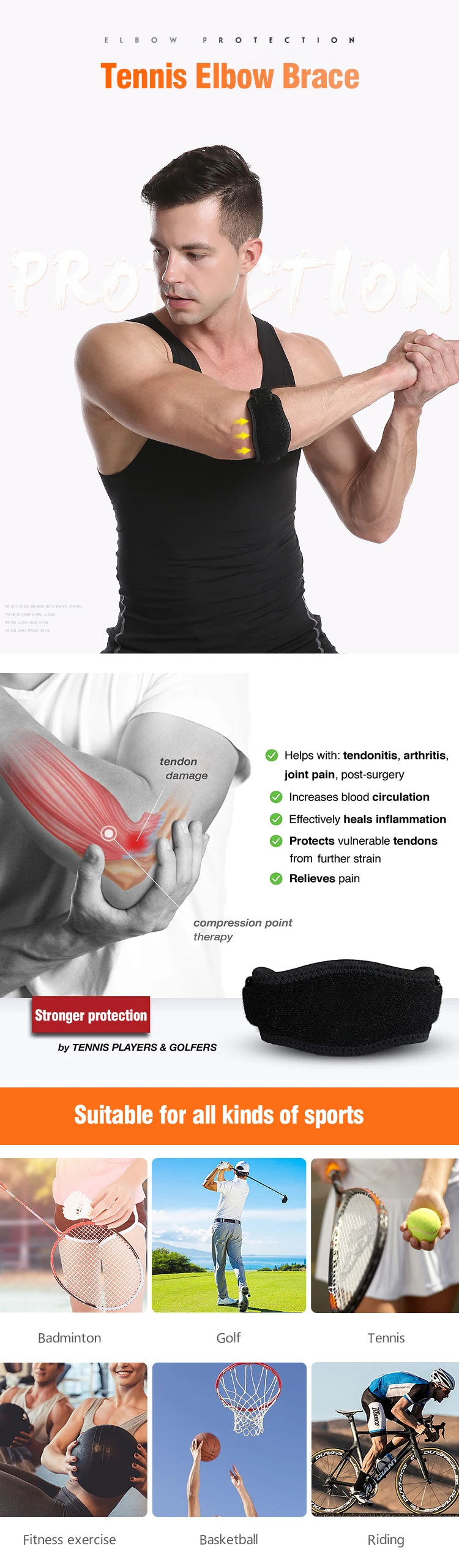 Enerup Football Hicool Basketball Neoprene Adjustable Tennis Arm Sleeve Padded Elbow Support  Brace Sport with Compression Pad