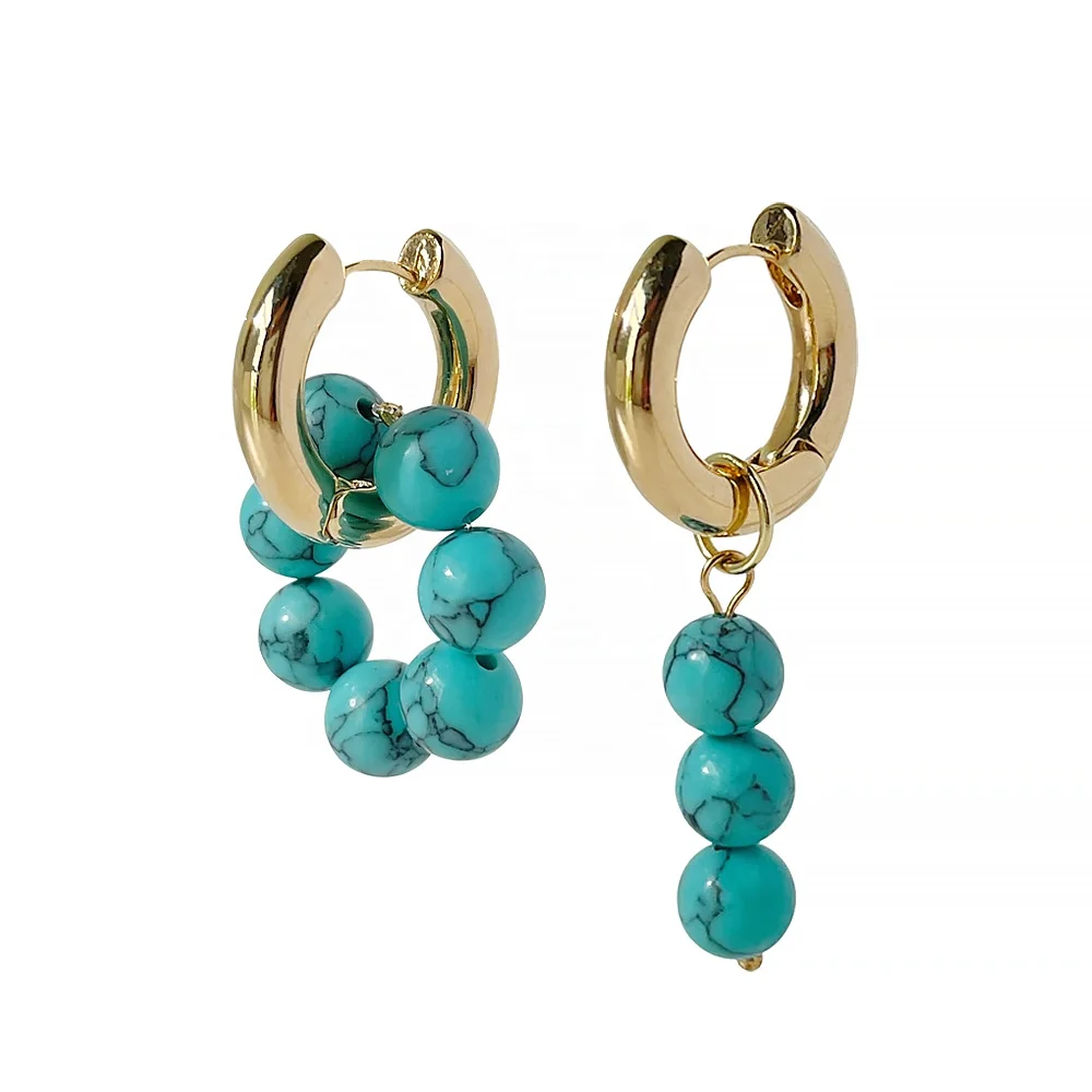 

E1022 Gold Plated Asymmetric Natural Stone Hoop Earrings Colorful bead Huggies Earrings for Women Boho Minimalist Jewelry