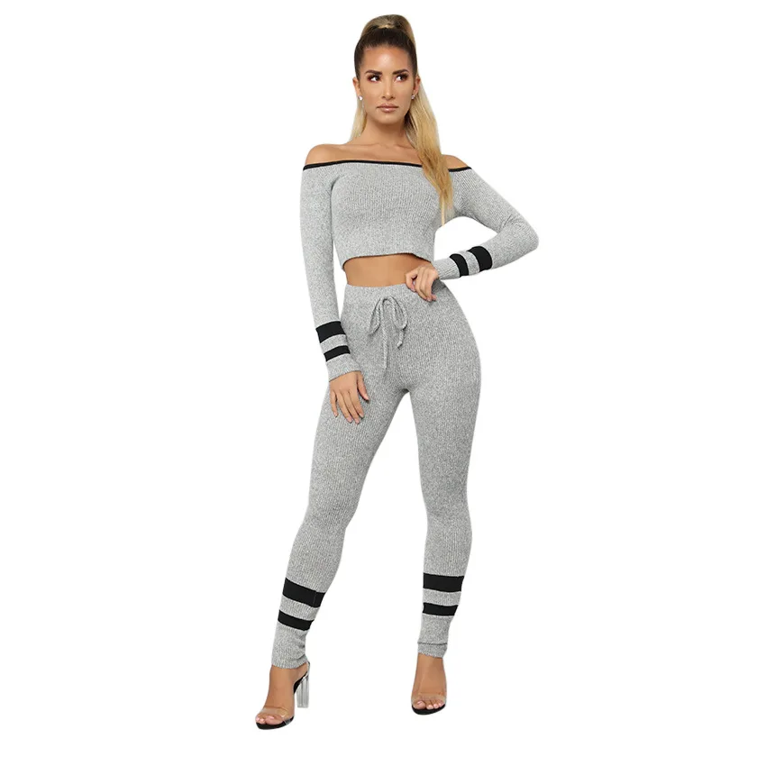 

2020 Hot selling Sexy Off Shoulder Long Sleeve Plus Size Two Piece Set Women Clothing Ladies Casual 2pcs Yoga Tracksuit Sets