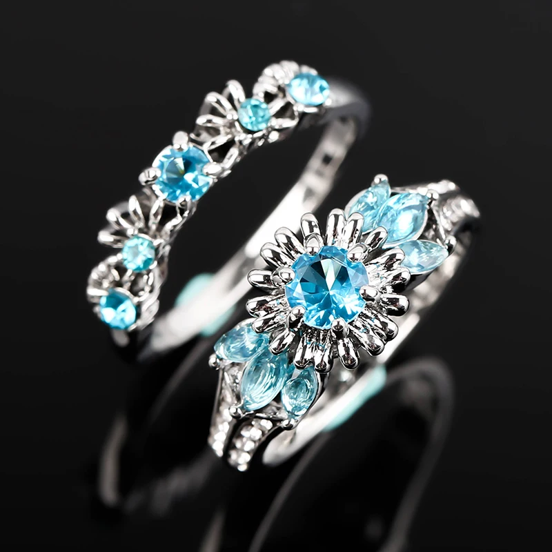 

2 Pieces Sunflower Pattern Young Girls 6 Claws Sapphire Zircon Ring Aquamarine Flower Fancy Ladies 5 Blue Stones Ring Sets, Silver