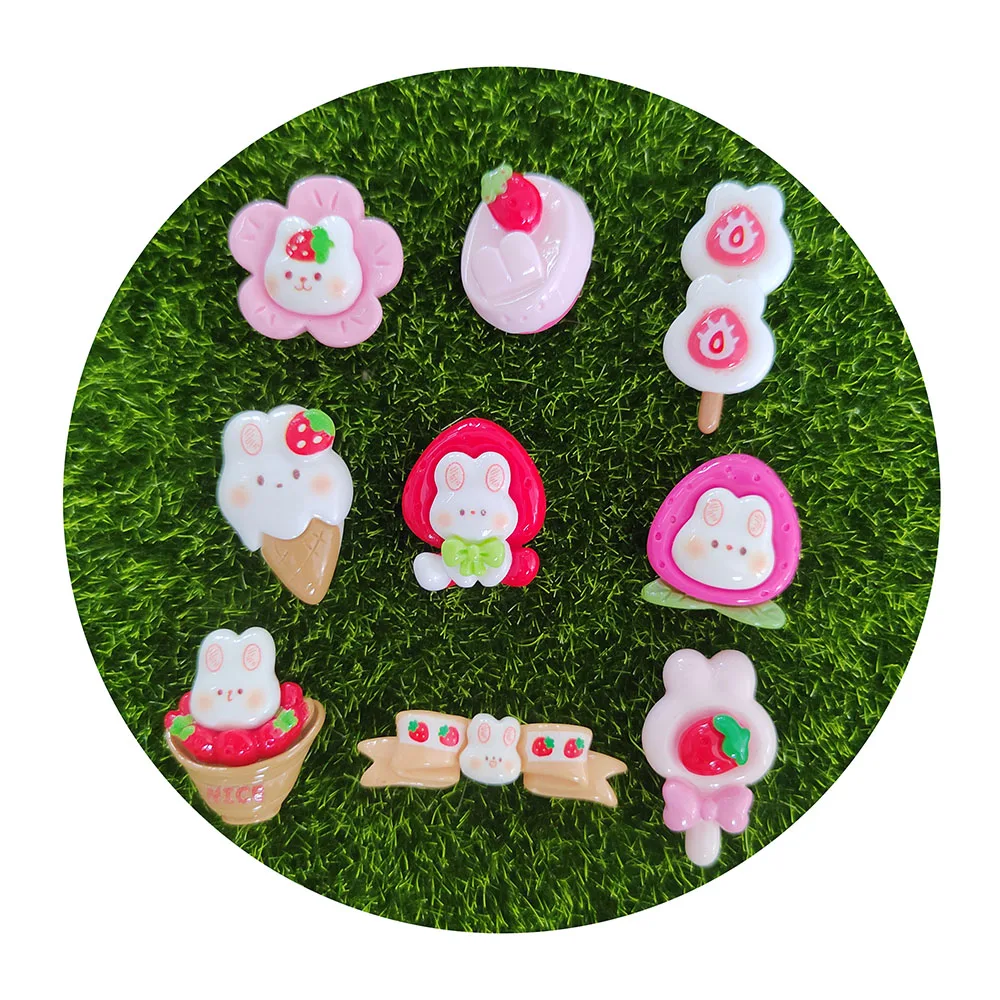 Bulk 100Pcs/Lot Kawaii Cartoon Rabbit Decoration Ice Cream Strawberry Lollipop Peach Flowers Flatback Resin Cabochons DIY Crafts