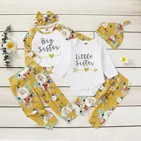 

New Litter Sister Outfit For Autumn Baby Girl Cotton Rompers Plain baby Long Sleeve Shirts Floral Pants Baby Clothes Set